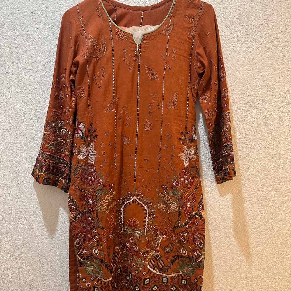 Rust Orange Embroidered Pakistani Suit